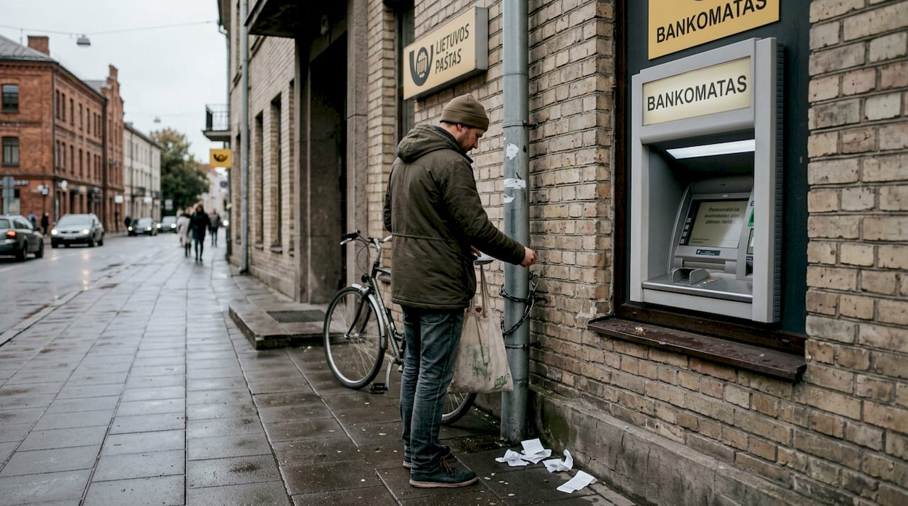 Vyras mieste prie bankomato suveda PIN kodą.
