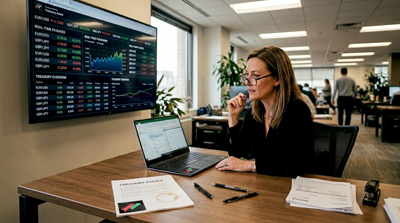 Treasury manager reviewing FX technology