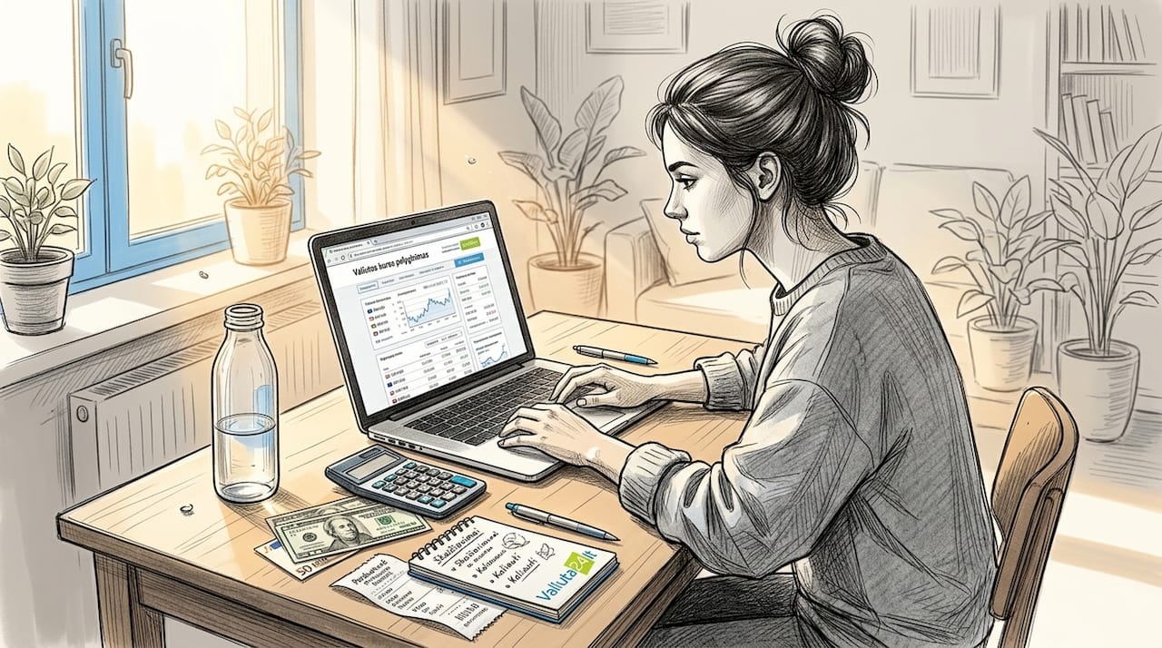 Moteris naršo internete, ieškodama geriausių valiutų keitimo kursų.