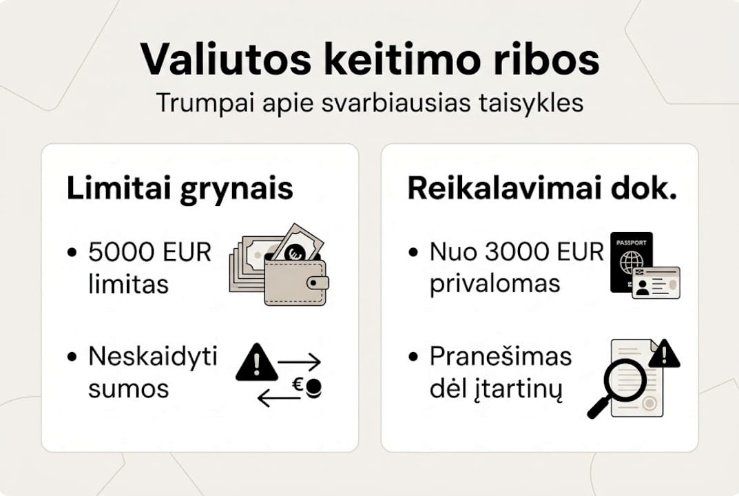 Pateikiame infografiką, kuriame aiškiai pavaizduotos valiutos keitimo limitų ribos.