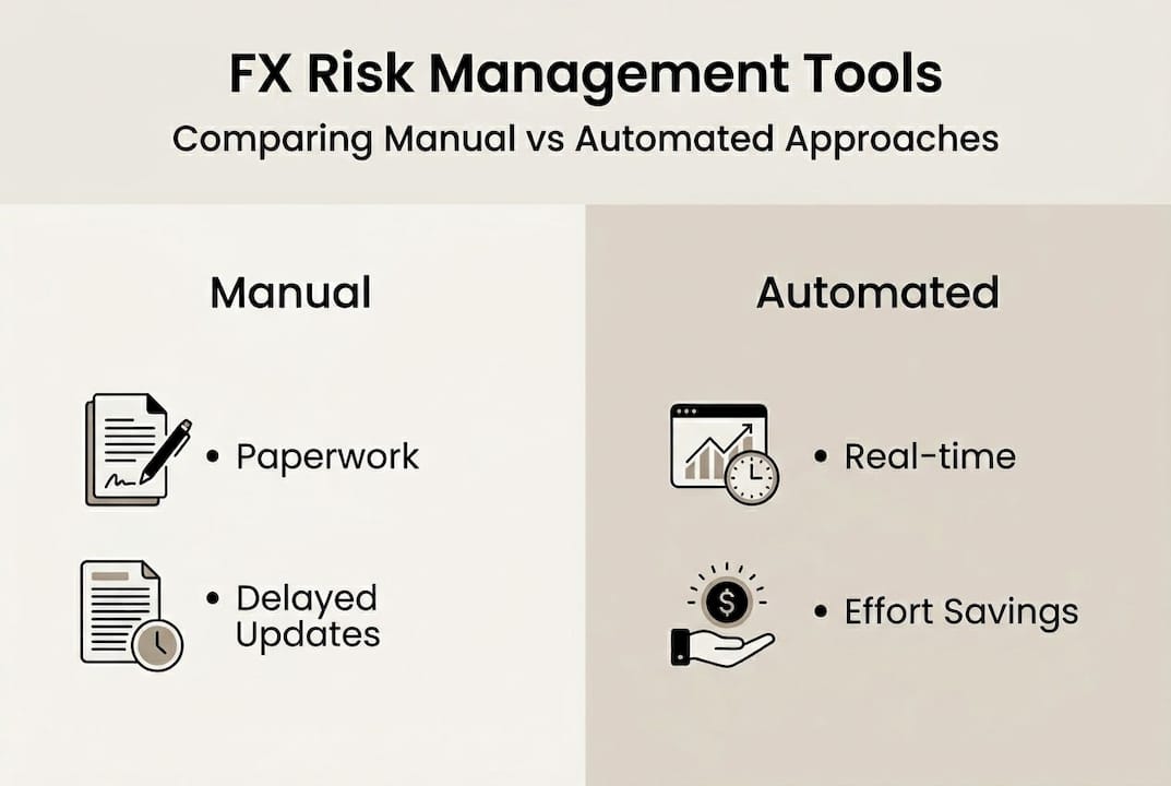 Infographic comparing manual vs tool-driven FX management
