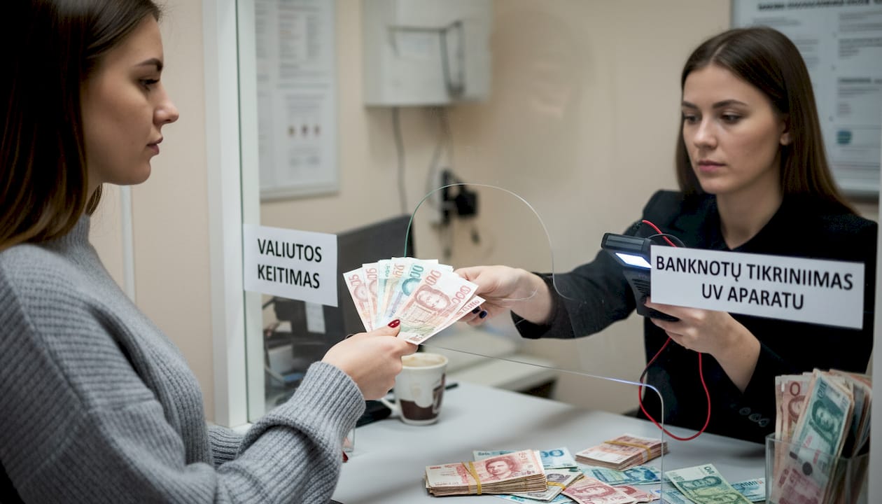 Kasos darbuotoja tikrina, ar banknotai nėra padirbti