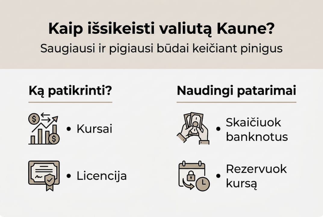 Infografikas: kaip patogiai ir saugiai išsikeisti valiutą Kaune – praktiški patarimai