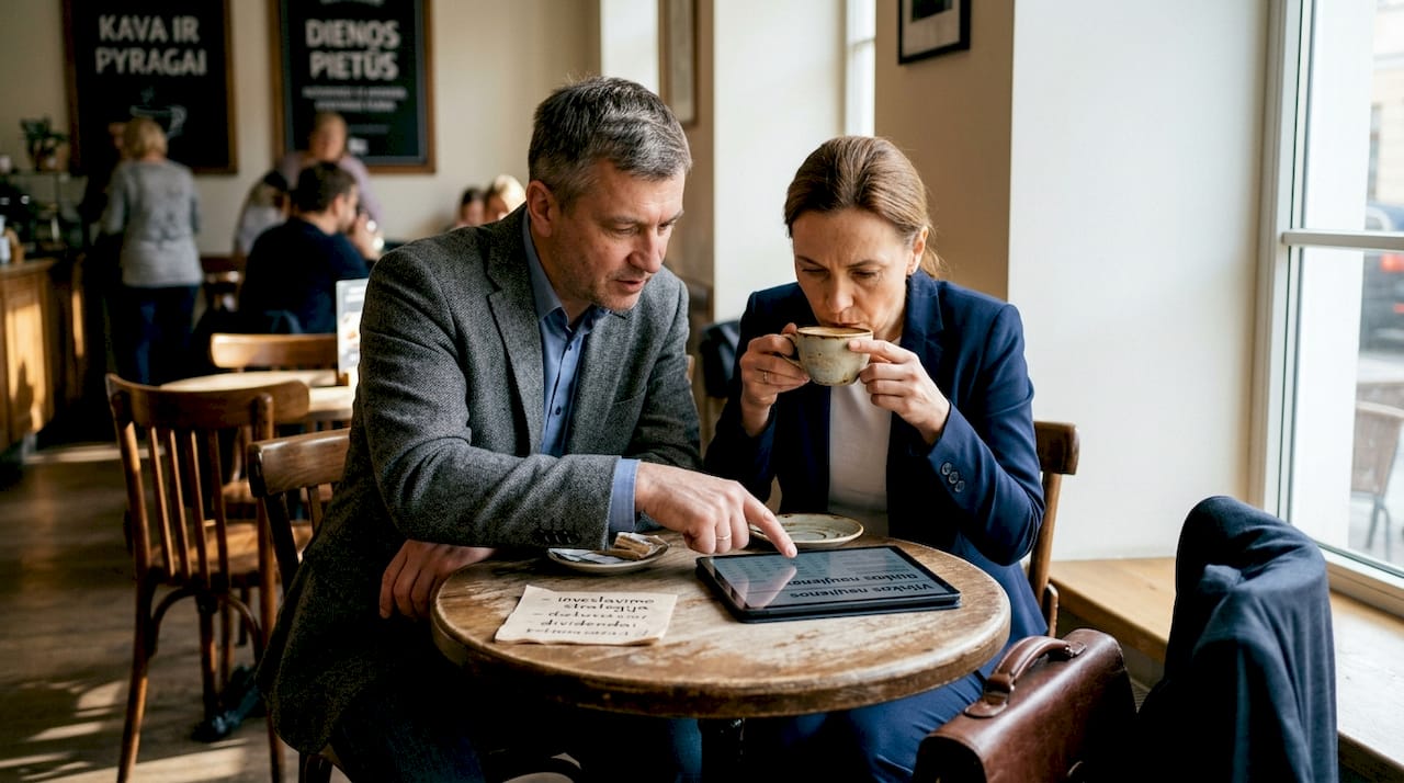 Kavinėje susėdę investuotojai gyvai aptaria naujausias rinkos tendencijas.