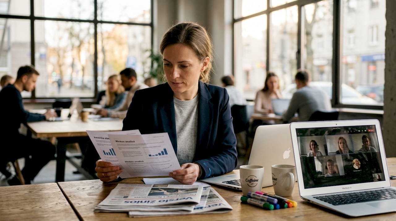 Moters žvilgsnis susitelkęs į rinkos tendencijų analizę, dirbant bendroje darbo erdvėje.