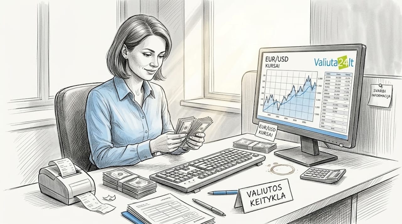 Banko kasininkė prie valiutos keitimo langelio skaičiuoja pinigus.