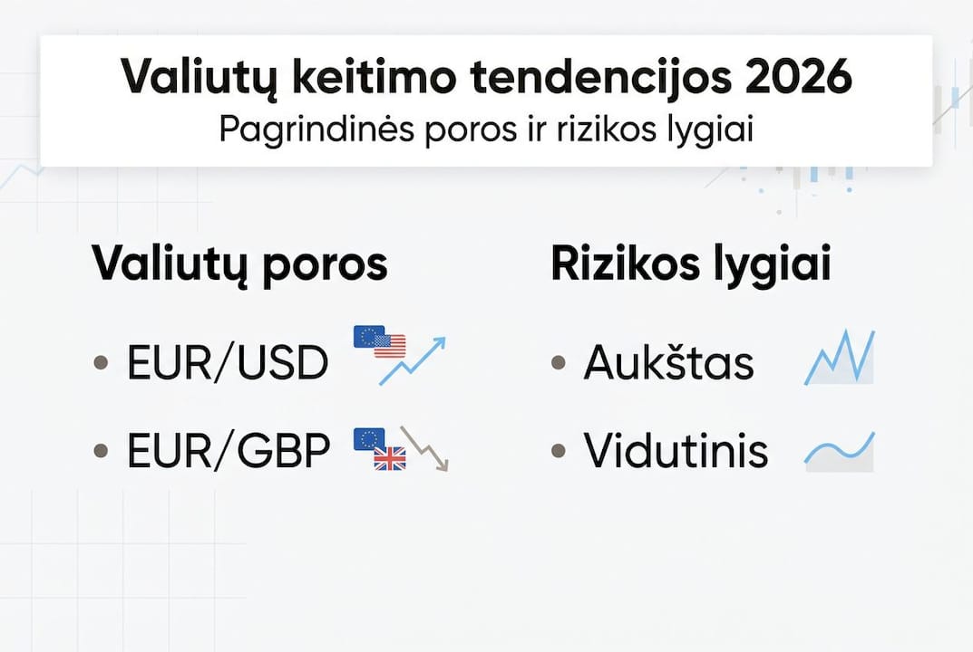 Vizualus pristatymas apie pagrindines valiutų keitimo kryptis ir naujausias tendencijas