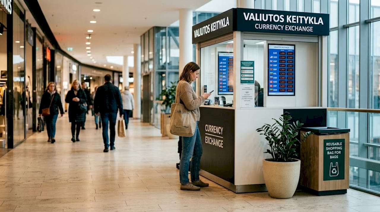 Prekybos centro valiutos keitykloje moteris tikrina telefoną.