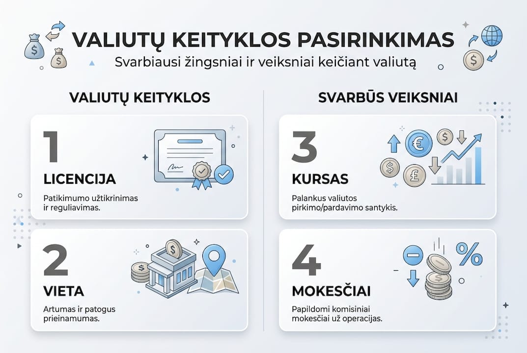 Infografikas: svarbiausi žingsniai renkantis valiutos keityklą