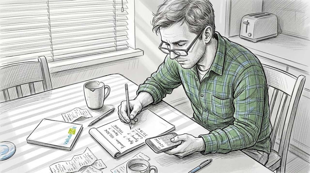 Sėdžiu virtuvėje prie stalo ir skaičiuoju valiutų kursus.