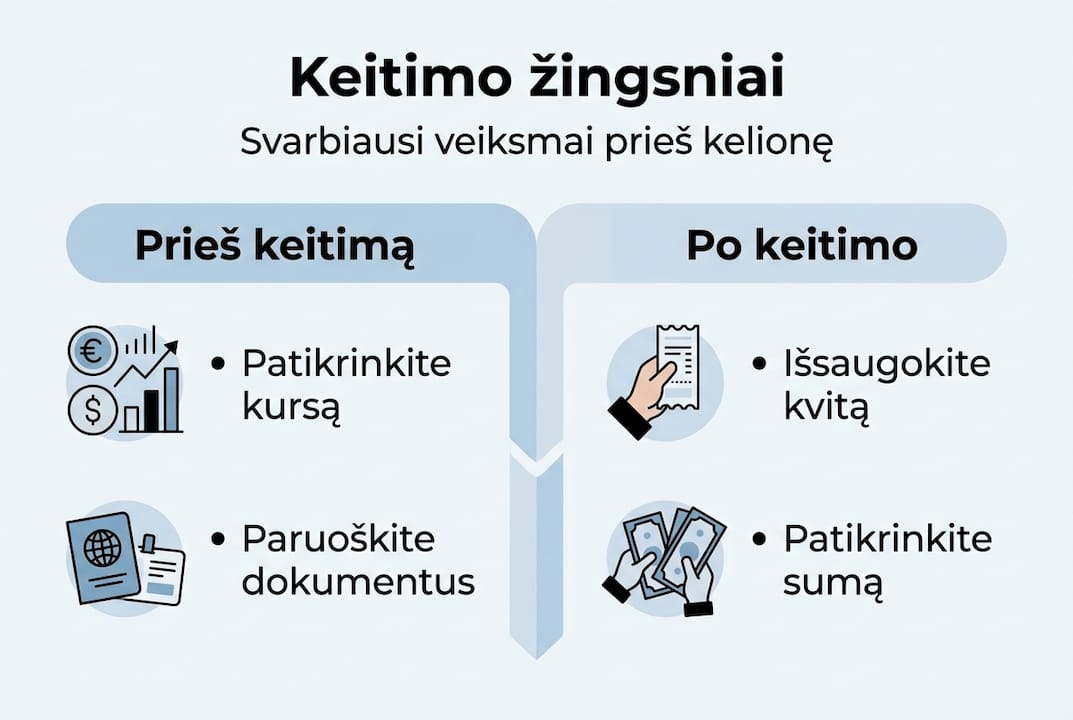 Infografikas: pagrindiniai pinigų keitimo žingsniai