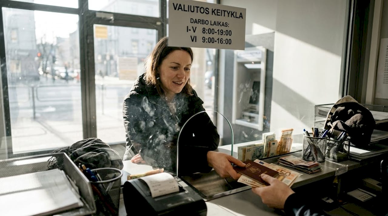 Klientas keičia eurus nedidelėje valiutų keitykloje.