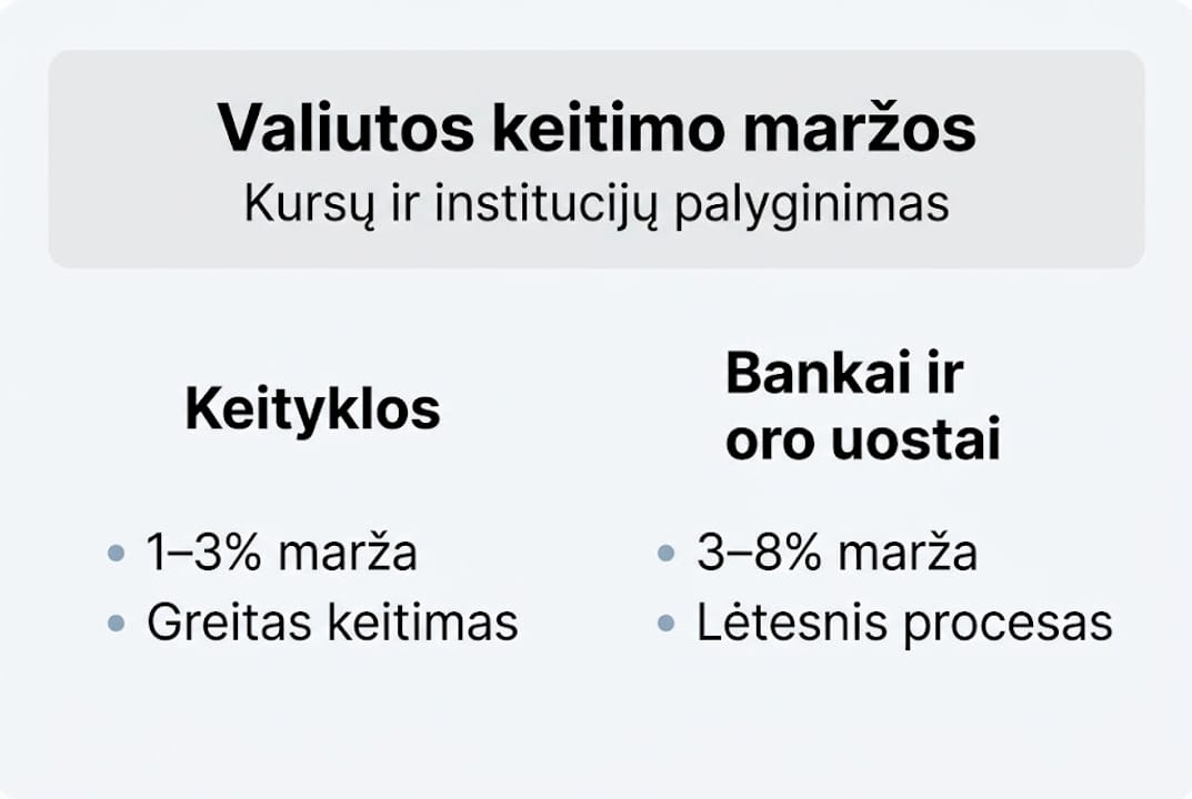 Valiutų kursų maržų apžvalga infografike