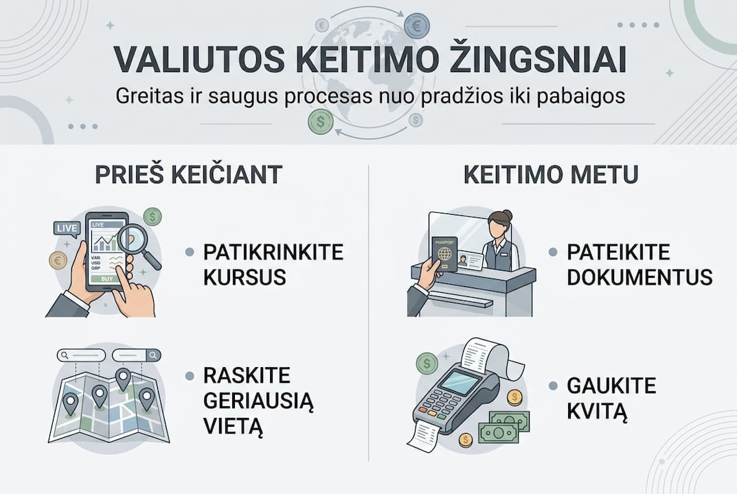Vizualiai pateiktas valiutos keitimo procesas: pagrindiniai žingsniai ir ką reikėtų žinoti.