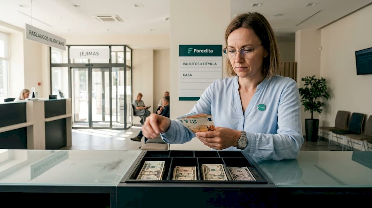 Banko darbuotoja rūšiuoja eurus ir dolerius
