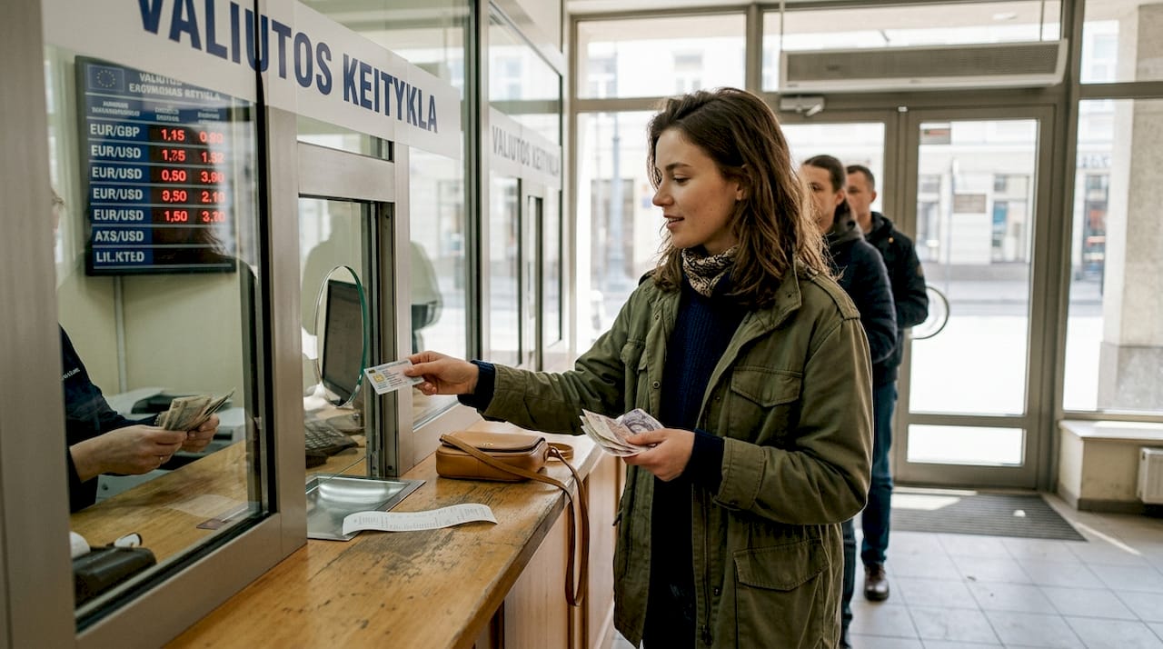 Moteris valiutos keitykloje keičia pinigus.