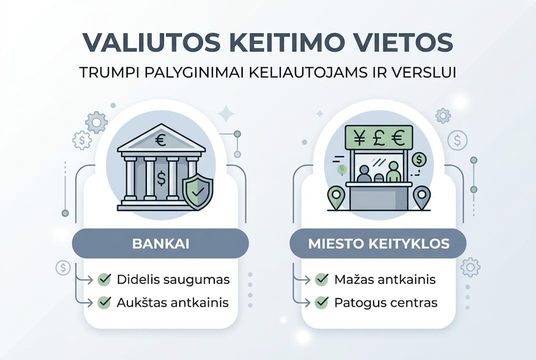 Grafikas, kuriame pateikiamos pagrindinės vietos, kur galima išsikeisti valiutą