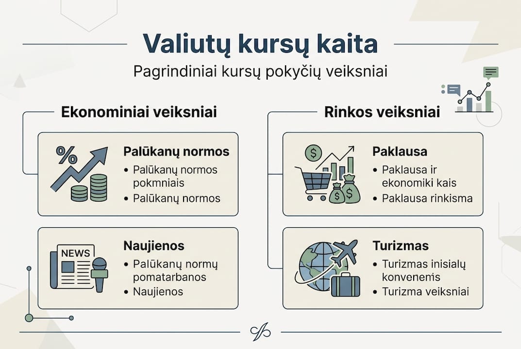 Infografikas: kokie pagrindiniai veiksniai lemia valiutų kursų svyravimus?