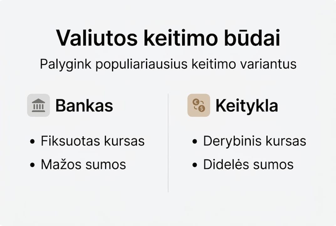 Vizualus skirtingų valiutos keitimo būdų palyginimas