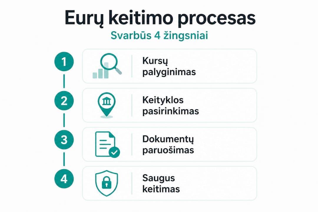 Vizualus gidas: kaip žingsnis po žingsnio keisti eurus (vertikali infografika)