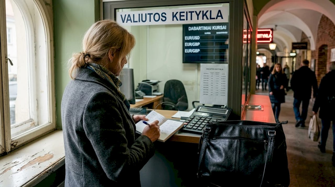 Moteris domisi valiutų kursais keitykloje.