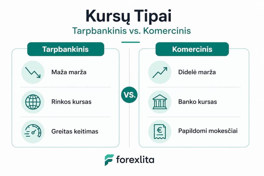 Infografikas, kuriame palyginami skirtingi valiutų kursų tipai