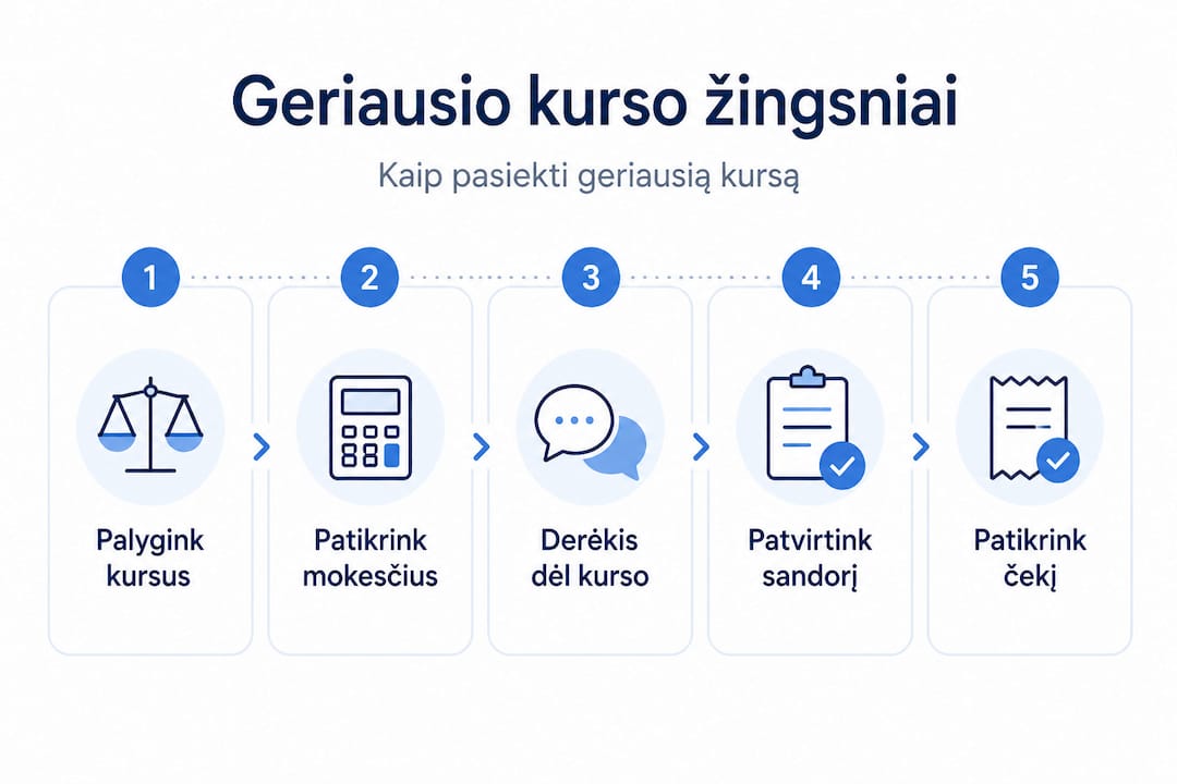 Šiame infografike aiškiai pateikiami visi pagrindiniai valiutos keitimo etapai.