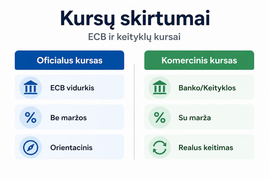 Infografikas, kuriame vizualiai palyginami oficialūs ir komerciniai valiutų kursai