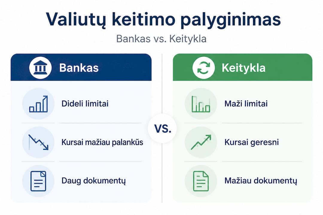 Palyginamoji infografika: bankų ir valiutų keityklų pasirinkimo galimybės