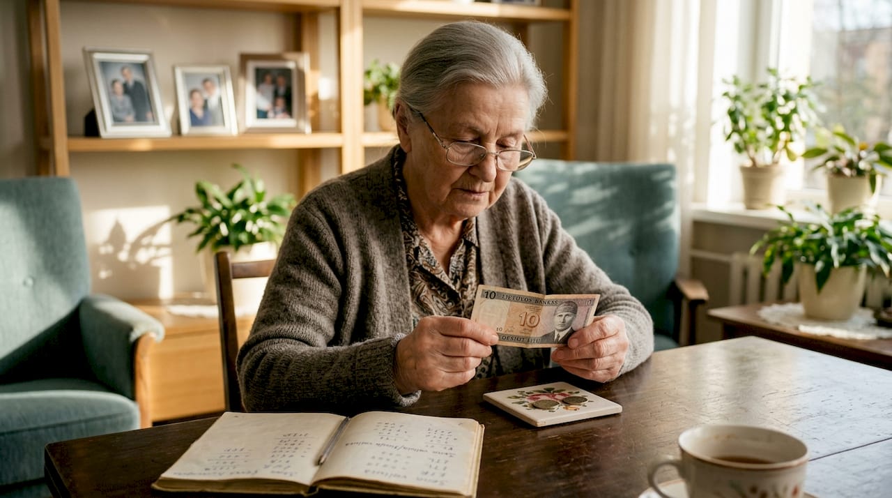 Senjorė rankose laiko litų ir eurų monetas.