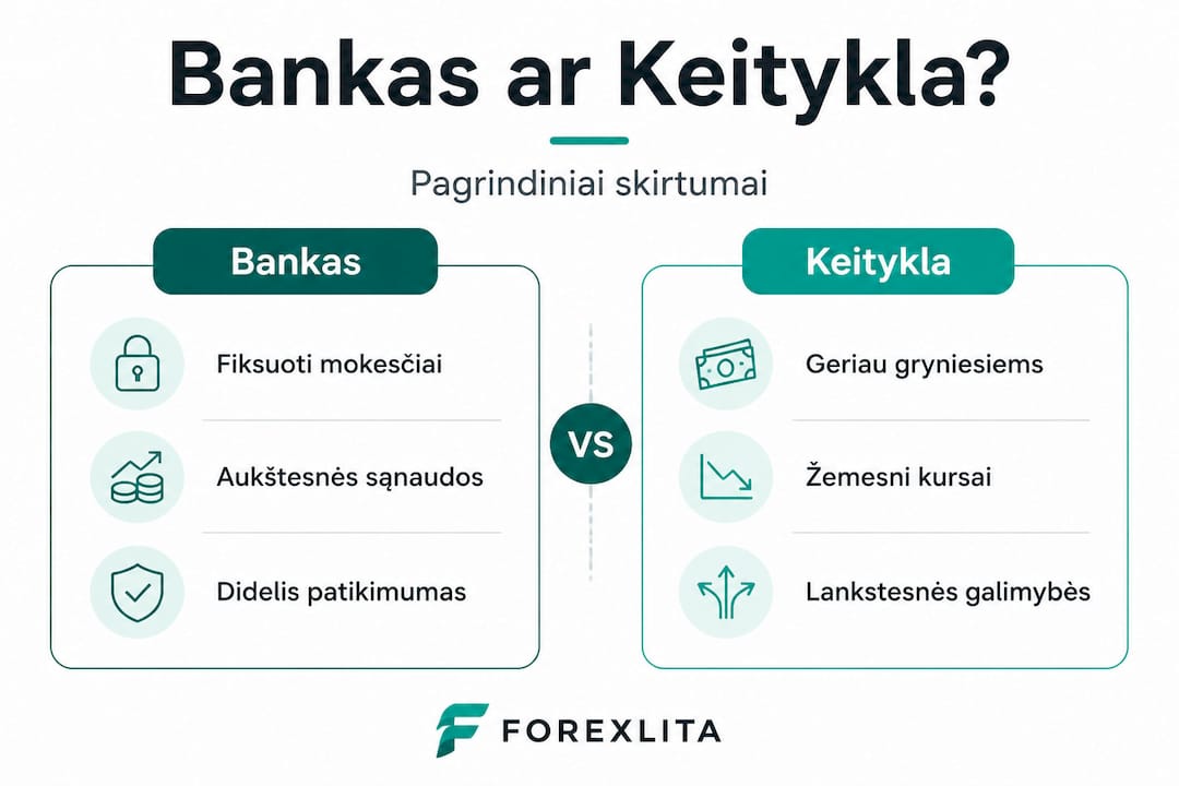 Vizualinis palyginimas: bankai ar valiutos keityklos – kur geresnės sąlygos?