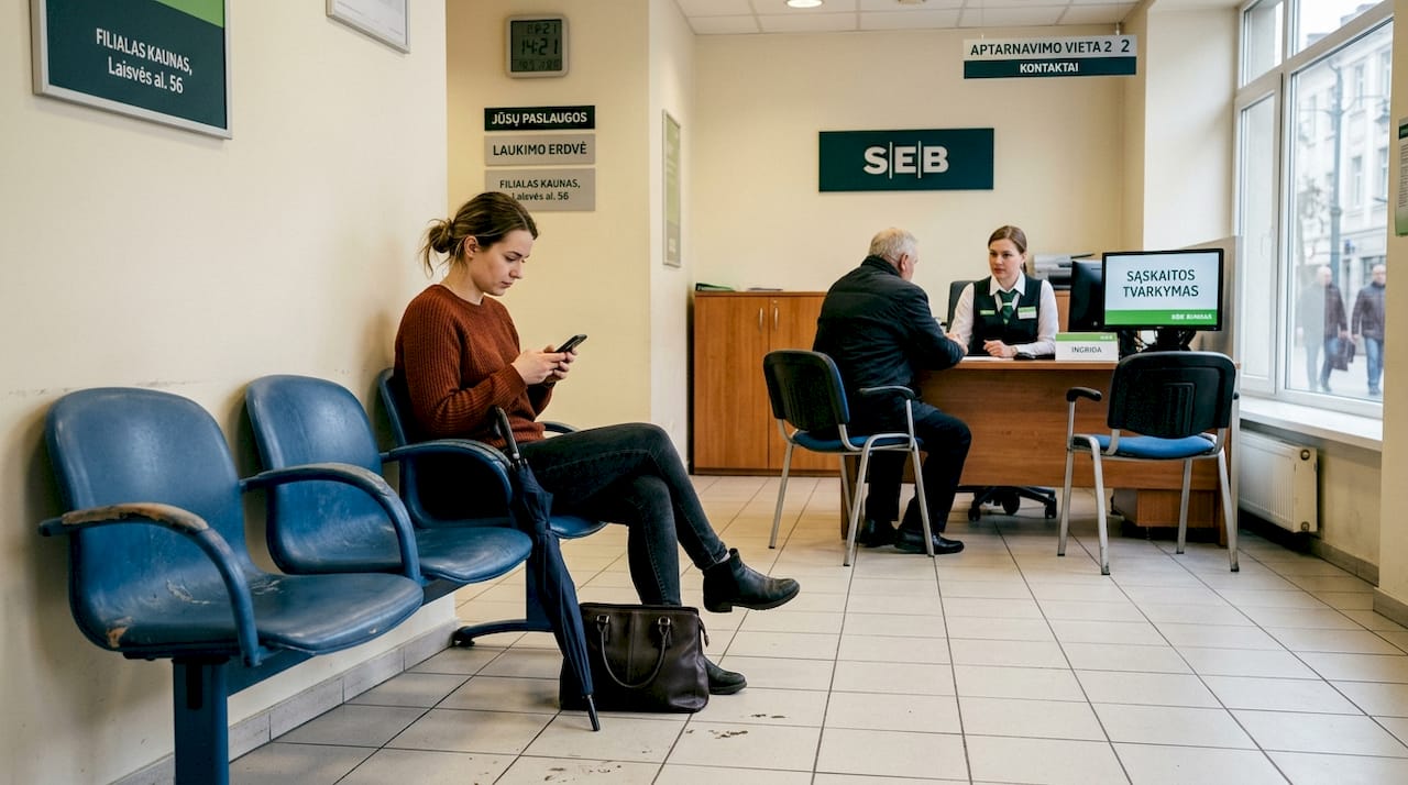 Moteris Kauno banke laukia, kol galės išsikeisti valiutą.