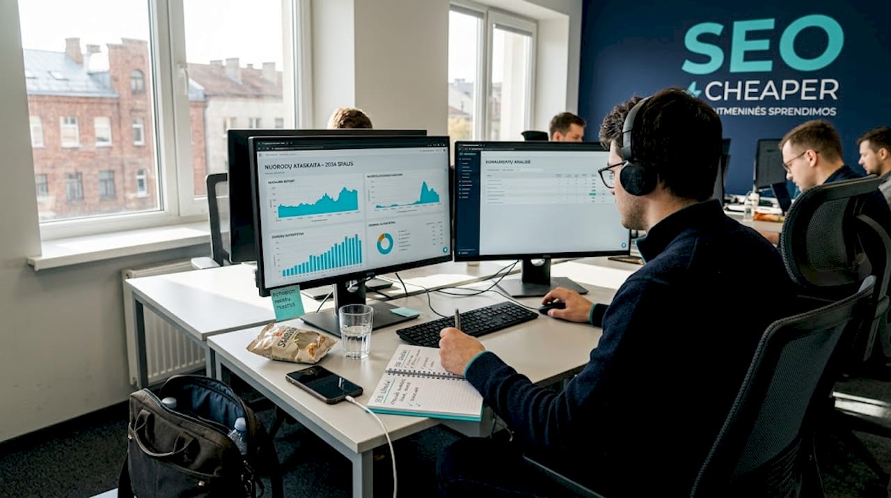 SEO specialistas analizuoja finansinių technologijų svetainių atgalinių nuorodų profilį.