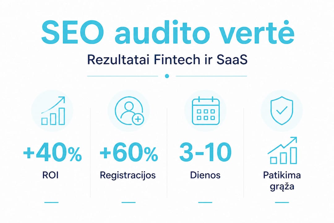 Infografikas, kuriame pateikiami svarbiausi SEO audito duomenys ir nauda verslui