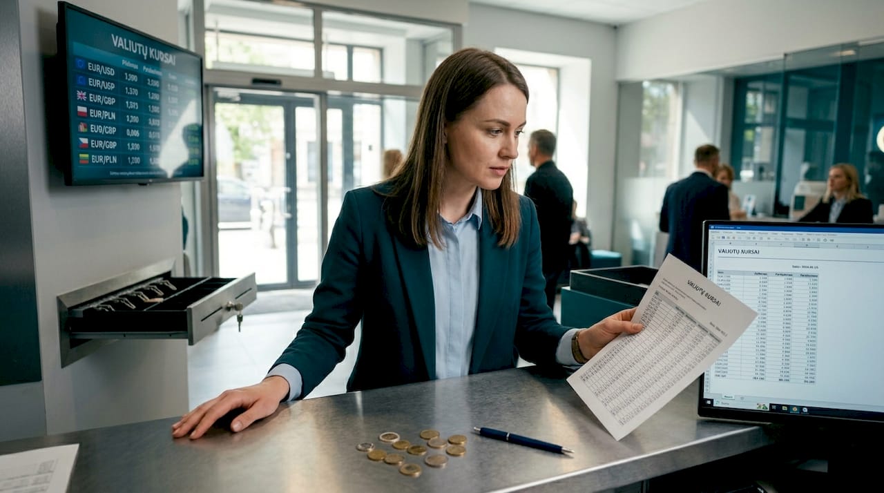 Banko specialistė nagrinėja valiutų kursų suvestinę.