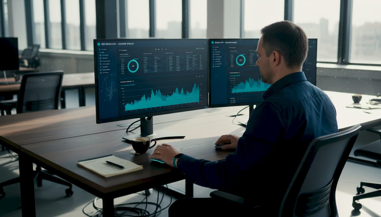 Finansinių technologijų įmonės specialistas darbo vietoje nagrinėja SEO rodiklius.
