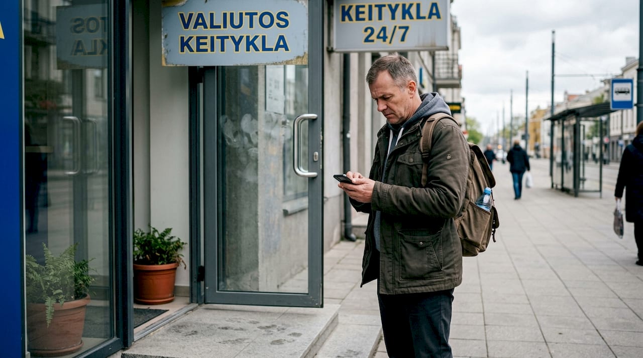 Vyras Kauno valiutos keitykloje tikrina darbo laiką