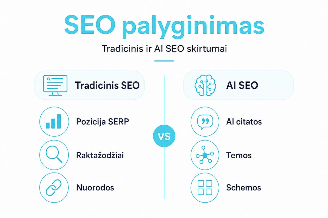 Infografikas: tradicinio SEO ir dirbtinio intelekto pagrindu veikiančio SEO palyginimas