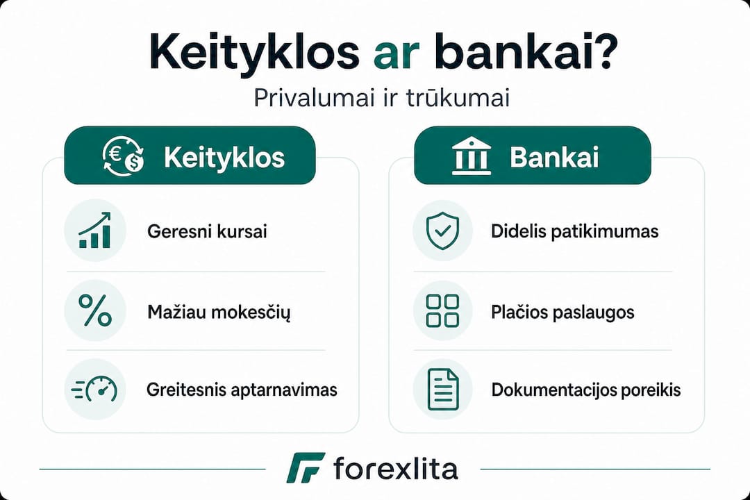 Vizualus palyginimas: kaip skiriasi valiutų keityklos ir bankai