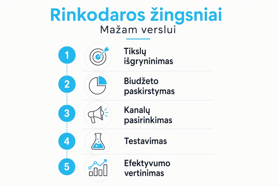 Infografikas: svarbiausi žingsniai, kaip smulkiam verslui planuoti ir įgyvendinti sėkmingą rinkodarą