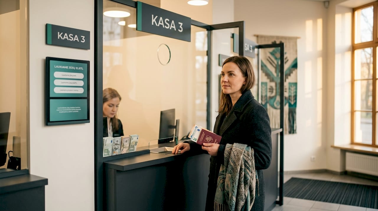 Banko klientas laukia eilėje, kad galėtų išsikeisti valiutą.