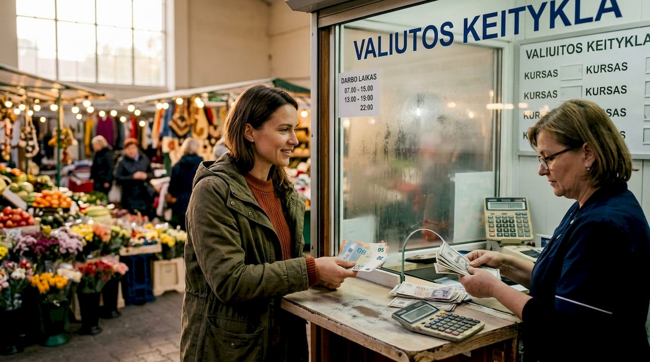 Kasdienis vaizdas valiutos keitykloje miesto centre