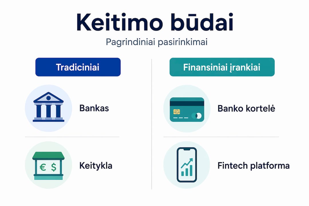 Infografikas: tradicinių ir skaitmeninių valiutų keitimo būdų palyginimas