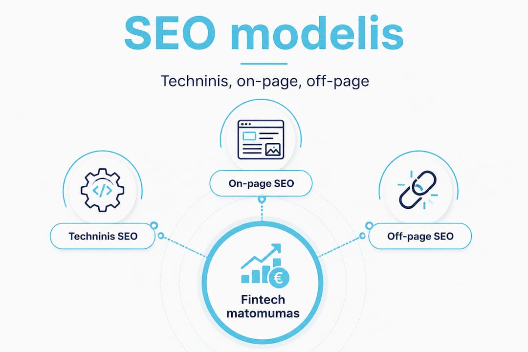 Finansinių technologijų (fintech) temai pritaikytas SEO struktūros hierarchinis infografikas