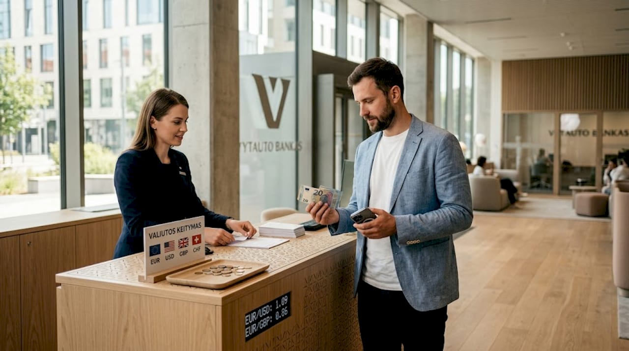 Klientas banke keičia pinigus į kitą valiutą.