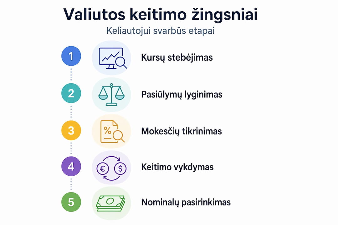 Infografikas: svarbiausi žingsniai ir mokesčiai keičiant valiutą