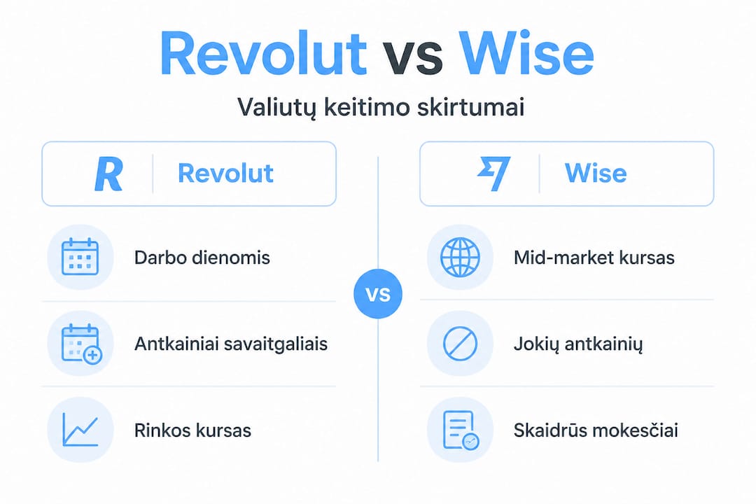 Palyginamoji infografika: kaip skiriasi valiutų keitimo būdai Revolut ir Wise platformose