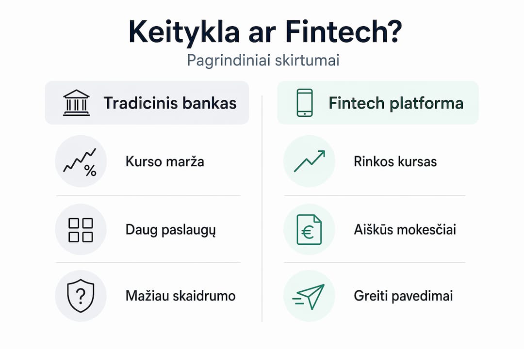 Banko ir fintech platformos paslaugų palyginimo infografikas