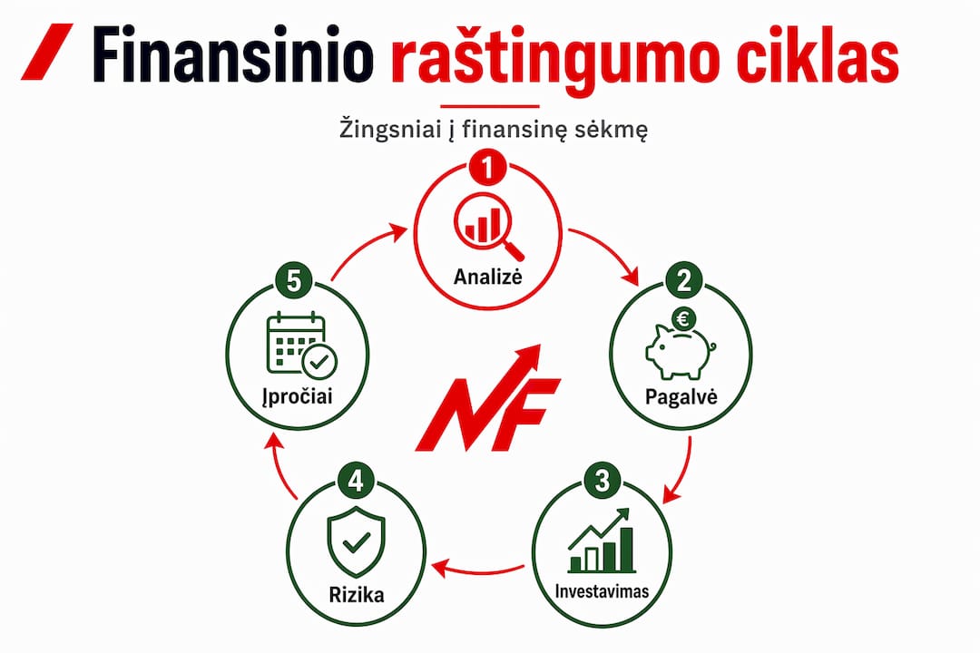 Finansinio raštingumo kelio žingsnių iliustracija