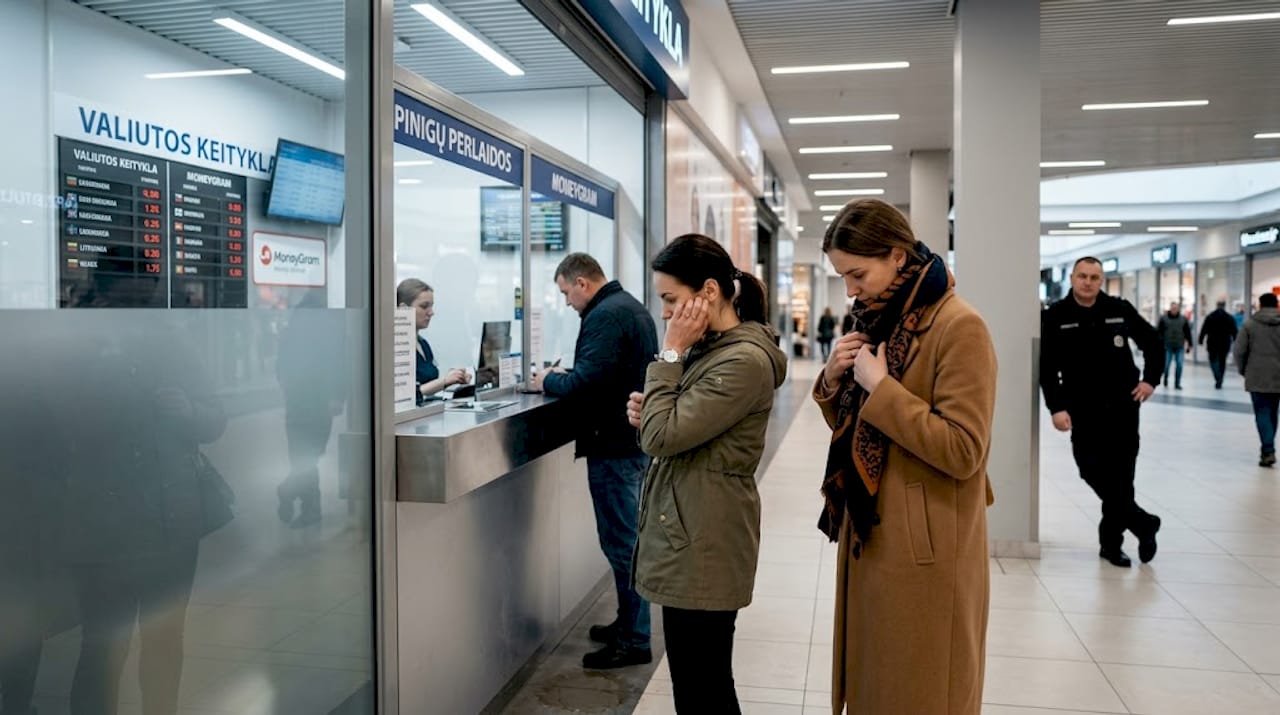 Prekybos centre prie valiutos keityklos nusidriekusi laukiančiųjų eilė.